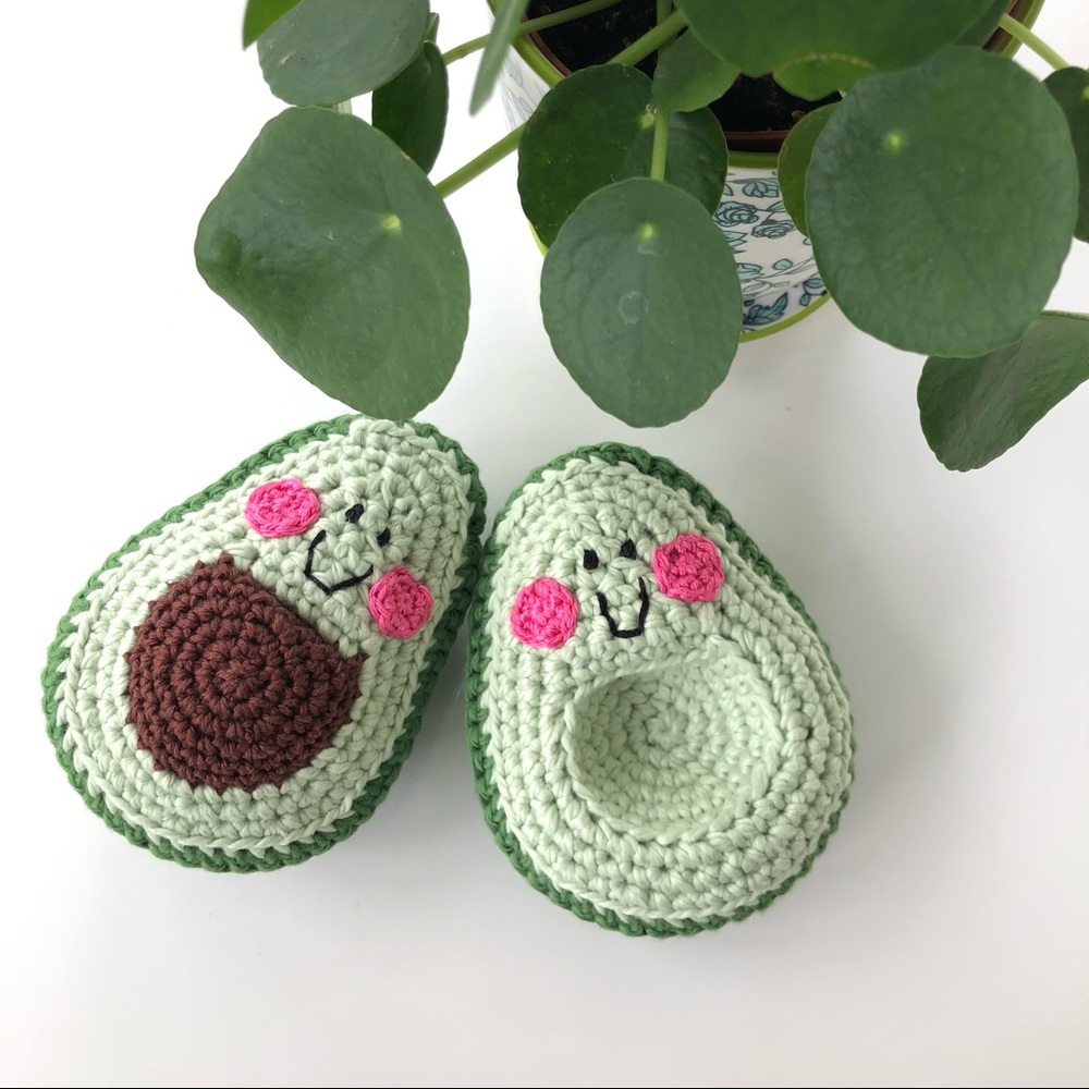 Organic Cotton Avocado Rattle set of 2 with pit and no pit made to order by me!